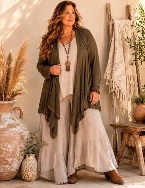 Magaschoni Woman 2X Olive Brown Open Cardigan Draped Boho Lagenlook Plus Sweater
